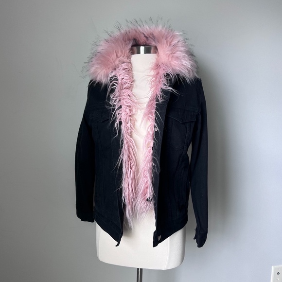 Shaci Fur Jacket Black Jean Jacket Pink Faux Fur - Picture 5 of 16